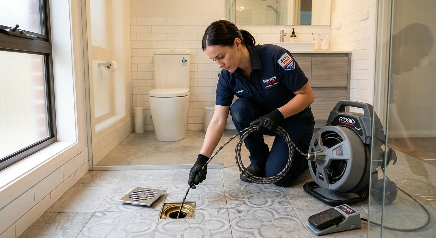 Technician clearing a bathroom floor drain for Sewer Line Installation in Franklin